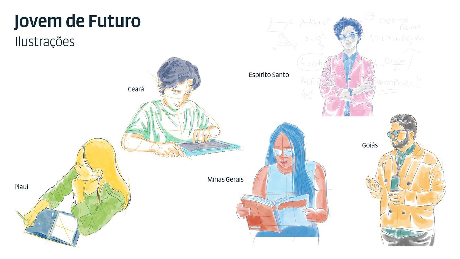 Ilustrações em traço e aquarela de estudantes e professores, com os nomes dos estados: Piauí, Ceará, Minas Gerais, Espírito Santo e Goiás.