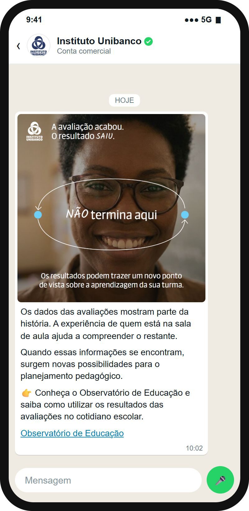 Opção 2 enviada no WhatsApp do Instituto Unibanco, com a legenda.